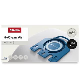 Experience superior cleaning efficiency with the Miele HyClean Performance Pack GN—16 Bags with HA50 by 2-Miele. The packaging displays blue vacuum bags, highlights 70% HEPA XXL filtration, and ensures long-lasting, high-performance filtration with a total of 16 bags included.