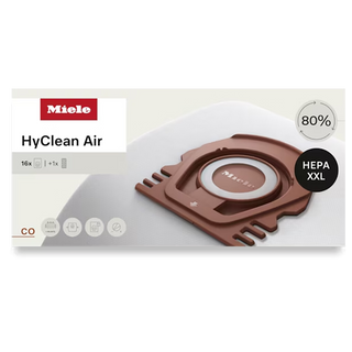 Box of 2-Miele CO HyClean Performance Pack - 16 Count with HA50 vacuum bags, featuring HEPA XXL filtration, product image, and branding. This Miele vacuum accessory offers 80% filtration efficiency and includes 16 bags as part of the HyClean Performance Pack HA50.