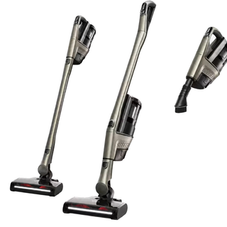 The 2-Miele Miele Triflex HX3 Plus Cordless Stick Vacuum in Titanium Pearl is displayed from two angles, with an additional handheld attachment shown separately on a plain white background. This cordless vacuum features a powerful HEPA filter and comes equipped with a MultiFloor XXL floorhead, offering versatile cleaning across all surfaces.