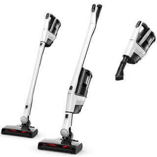 The Miele Triflex HX3 Cordless Stick Vacuum in Brilliant White by 2-Miele is displayed in both upright and handheld modes on a plain background, highlighting its HEPA filter for efficient cleaning.