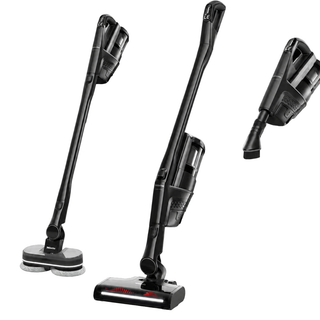 Three configurations of the Miele Triflex HX3 Aqua Cordless Wet & Dry Vacuum in Obsidian Black are showcased: one equipped with rotating mop pads for wet and dry floor cleaning, another featuring a standard floor brush, and a third with a handy handheld attachment. Discover the versatility of the Miele Triflex HX3 Aqua from 2-Miele—ideal for every surface in your home.