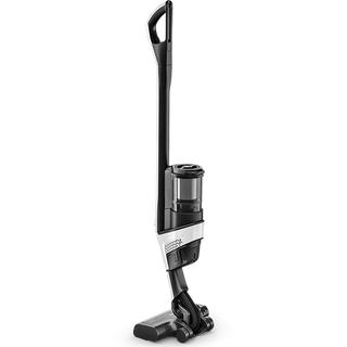 Introducing the Miele Triflex HX3 Cordless Stick Vacuum in Brilliant White by 2-Miele, a modern 3-in-1 upright vacuum featuring a transparent dustbin, sleek black handle, and white body with a HEPA filter, shown standing upright on a plain white background.