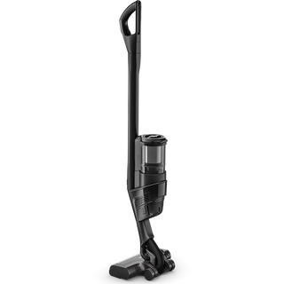 The 2-Miele Miele Triflex HX3 Cat & Dog Cordless Stick Vacuum in Obsidian Black, featuring a transparent dust container and a HEPA filter, stands upright on a flat surface against a plain white background.