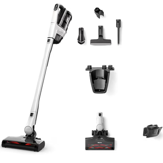 The Miele Triflex HX3 Cordless Stick Vacuum in Brilliant White by 2-Miele features advanced HEPA filtration and is pictured with six detachable accessories and attachments displayed on a plain background.