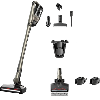 The Miele Triflex HX3 Plus Cordless Stick Vacuum in Titanium Pearl by Miele is shown with multiple attachments, a HEPA filter, a MultiFloor XXL floorhead, two batteries, and a wall mount, all displayed on a white background.