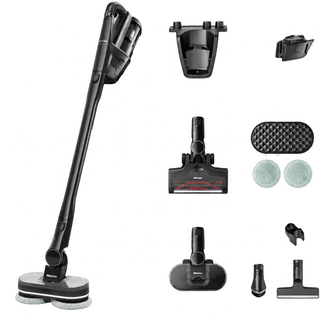 The 2-Miele Triflex HX3 Aqua Cordless Wet & Dry Vacuum in Obsidian Black comes complete with a main unit, four detachable brush heads, wall mount, charging adapter, cleaning cloths, and a storage pouch—all elegantly displayed on a white background—making it the ideal powerful floor cleaner for any home.
