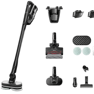 An Obsidian Black Miele Triflex HX3 Aqua Plus Cordless Wet & Dry Vacuum by 2-Miele is displayed with multiple detachable cleaning heads, brushes, pads, and accessories arranged on a white background, featuring an advanced HEPA filter for superior air purification.
