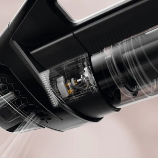 Close-up of the Miele Triflex HX3 Cordless Stick Vacuum - Brilliant White head reveals internal components and airflow, emphasizing 2-Miele’s advanced technology and design features such as its high-performance HEPA filtration system.