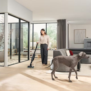 A woman vacuums a living room with large windows using the powerful Miele Triflex HX3 Aqua Cordless Wet & Dry Vacuum in Obsidian Black by 2-Miele, while a gray dog walks across the light wood floor.
