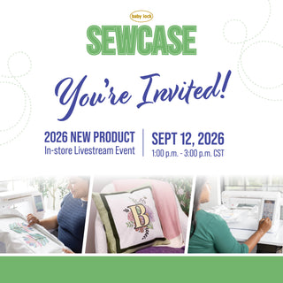 Join us for the Baby Lock Sewcase in-store livestream event, presented by 1000-Education, on September 12, 2026, from 1-3 p.m. CST! Explore the newest Baby Lock Sewcase machines and sewing accessories, view inspiring embroidery project images, and watch a live demonstration by a talented sewist using a Baby Lock machine.
