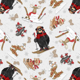 Pinecone Ridge Lodge 2123-89 Tossed Animals Multi by Shelly Comiskey for Henry Glass Co. features cartoon woodland animals in winter clothes playing in snow on soft 100% cotton—perfect fabric for cozy, wintry projects.