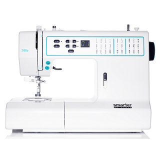 The PFAFF Smarter By Pfaff 260c is a white computerized sewing machine with blue accents, digital display, multiple buttons, and stitch patterns labeled on the front.