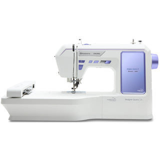 The Imagine Sewing & Vacuum Husqvarna Viking Designer Quartz 29 sewing machine in white and purple features front and side control panels, ideal for crafting detailed embroidery designs.