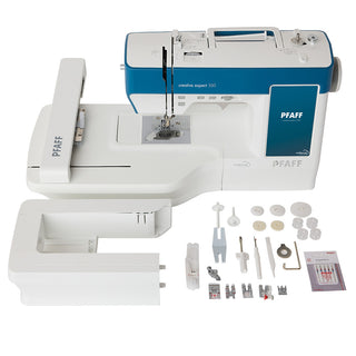 A blue and white Pfaff Creative Expect 350 sewing and embroidery machine by Imagine Sewing & Vacuum is displayed with assorted detachable parts, accessories, and attachments arranged neatly on a white background.