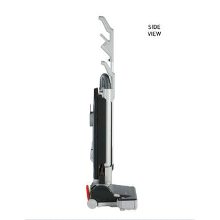 Side view of the SEBO 350 Mechanical, an upright vacuum cleaner by Sew & Vac, showcasing a gray and black design with a hose and handle, optimized for efficient pet hair removal.