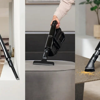 Three-panel image featuring the Miele Triflex HX3 Cordless Stick Vacuum in Brilliant White cleaning a windowsill, a cushioned surface, and a crumb-covered tabletop, showcasing 2-Miele’s versatile design and HEPA filtration for spotless convenience.