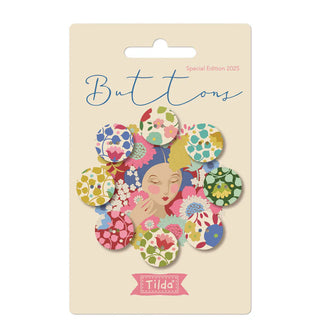 The "Tilda Wallflower Buttons 8 pcs TIL400070 Red/Green" by Fabric by Tilda features eight vibrant buttons in floral designs—an ideal accent for your spring crafts—displayed around a charming illustrated woman's face.