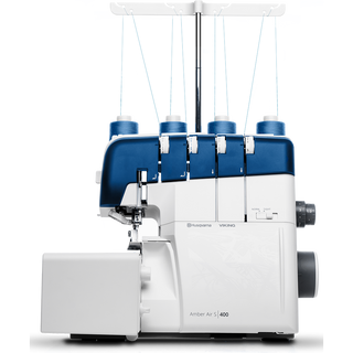 The Husqvarna Viking Amber Air S400 overlock machine, shown with four thread cones and easy one-touch air threading, is displayed against a white background.