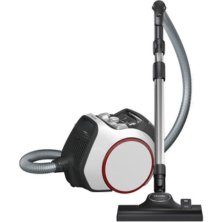 The 2-Miele Boost CX1 Pure Suction is a bagless canister vacuum cleaner featuring a sleek white and black body with red trim, a flexible hose, and a metal wand paired with a black floor attachment. Equipped with advanced Vortex technology and an efficient AirClean filter, this vacuum delivers powerful suction while effectively capturing dust and allergens.