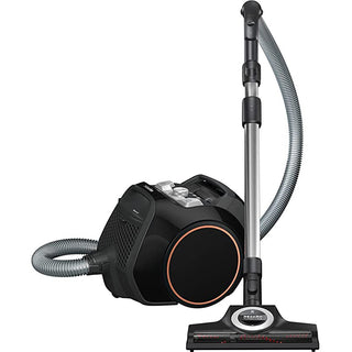 The 2-Miele Boost CX1 Cat & Dog bagless vacuum cleaner, featuring a black and silver design with a hose and floor nozzle attachment for efficient pet hair removal, is displayed on a white background.