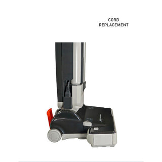 Side view of the SEBO 350 Mechanical by Sew & Vac with the phrase "Cord Replacement" displayed above it, ideal for efficient pet hair removal.