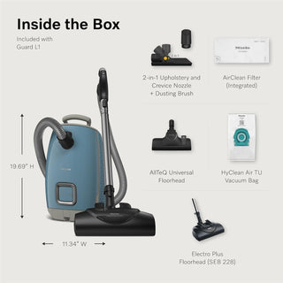 2-Miele Miele Guard L1 Electro bagged canister vacuum, includes hose and six accessories: 2-in-1 brush, AirClean Filter, universal floorhead, vacuum bag, turbo floorhead for deep carpet cleaning, and electro plus floorhead. Box label reads: “Included with Guard L1.”.