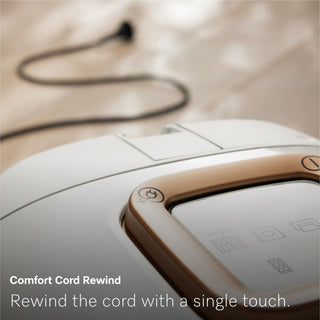 Close-up of the Miele Guard L1 Cat & Dog canister vacuum by Miele, featuring a comfort cord rewind button and blurred power cord in the background, with text highlighting the single-touch cord retraction—ideal for effortless pet hair removal.