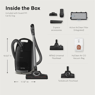 The 2-Miele Miele Guard M1 Cat & Dog canister vacuum in black comes equipped with a hose, universal floorhead, turbobrush floorhead, three nozzles, an Active AirClean filter, and a bag—ideal for powerful pet-hair cleaning. Dimensions: 19.53″H x 11.18″W.