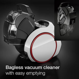 A modern, circular Miele Boost CX1 Pure Suction bagless canister vacuum cleaner from 2-Miele is displayed. An inset demonstrates how dust can be easily emptied from its container. Text reads: “Miele Boost CX1 Pure Suction—bagless vacuum cleaner with easy emptying and advanced Vortex technology.”.