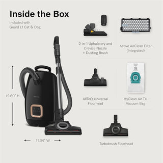 Miele Guard L1 Cat & Dog canister vacuum by Miele, in black, engineered for efficient pet hair removal. Includes hose, floorhead, upholstery tool, crevice nozzle, dusting brush, filter, vacuum bag, and turbo brush—perfect as a cat and dog vacuum. Displayed on a light background with clear dimensions and labeled components.