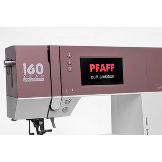 A close-up view of the Sew & Vac Pfaff Quilt Ambition 635 sewing machine, showcasing its display screen, advanced quilting features, and a "160 year anniversary" label.