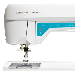 Close-up of the Husqvarna Viking Opal 650 sewing machine, showing the needle area, blue and white control panel buttons, and its convenient Sewing Advisor feature.