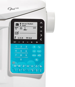 Close-up of the Husqvarna Viking Opal 650 sewing machine's display screen, featuring stitch settings, a numerical keypad, control buttons, and the SEWING ADVISOR feature.