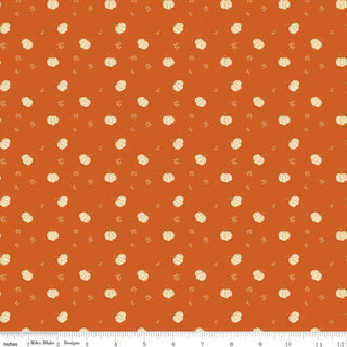 Bountiful by Sandy Gervais for RBD C17864-AUTUMN PUMPKINS AUTUMN Fabric Yardage from 56-Riley Blake features premium orange quilting cotton with a repeating pattern of small white pumpkins and scattered white floral shapes. Perfect for your next creative project, this fabric is available by the yard, with measuring scale shown at the bottom.