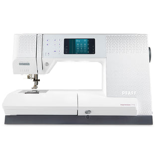 The Imagine Sewing & Vacuum Pfaff Expression 710 SPECIAL EDITION is a white sewing machine with a digital display, control panel, and Original IDT System for precise fabric feeding.