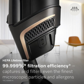 Close-up of the Miele Triflex HX2 Pro 3-in-1 Cordless Stick Vacuum by 2-Miele, showcasing its versatile design and HEPA Lifetime Filter; text highlights 99.999% filtration efficiency for capturing microscopic particles and allergens.