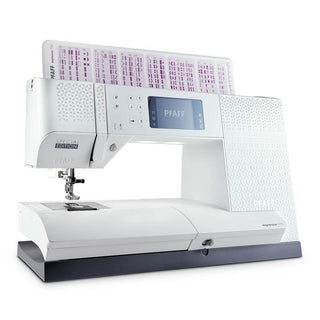 The Imagine Sewing & Vacuum Pfaff Expression 710 SPECIAL EDITION is a white sewing machine with a digital display, IDT System, and a pattern guide card behind the control panel.