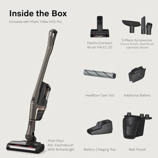 The 2-Miele Triflex HX2 Pro 3-in-1 Cordless Stick Vacuum comes with a hard floor tool, HEPA Lifetime Filter, rechargeable battery, charging tray, wall mount, and a 3-piece nozzle set for versatile cleaning.