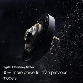 Close-up of the Miele TriFlex Lotus White motor with text: "60% more powerful than previous models." Surrounded by dynamic particles, it showcases innovation alongside Sew & Vac's Triflex 3in1 design.