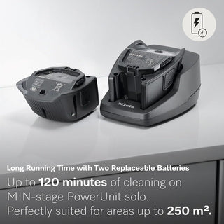 The 2-Miele Triflex HX2 Pro 3-in-1 Cordless Stick Vacuum is shown with two replaceable batteries and a charging dock, featuring up to 120 minutes of cleaning time and ideal for areas up to 250 square meters. This versatile vacuum offers a practical 3-in-1 design and comes equipped with a HEPA Lifetime Filter for efficient, whole-home cleaning.