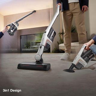 Three images showcase the Miele TriFlex Lotus White, a versatile vacuum cleaner by Sew & Vac, in upright, handheld with extension, and compact handheld configurations. The text highlights its innovative design and features a Digital Efficiency Motor for superior performance.