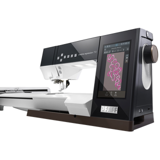 A 38-SVP - Singer Viking Pfaff Creative Expression 750 embroidery machine features a touchscreen display with a pink design and advanced stitch customization options.