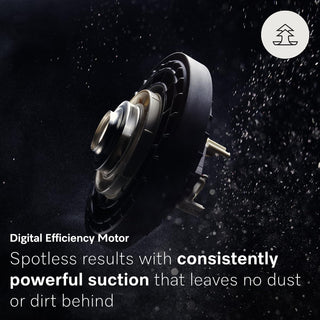 Close-up of the Miele Triflex HX2 Pro 3-in-1 Cordless Stick Vacuum’s advanced digital efficiency motor amidst swirling dust particles, highlighting its powerful suction and HEPA Lifetime Filter for spotless cleaning. Expertly engineered by Miele as a cordless upright vacuum with a versatile 3-in-1 design.