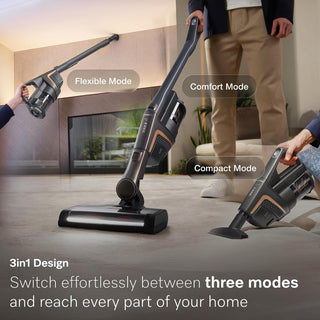 The 2-Miele Triflex HX2 Pro 3-in-1 Cordless Stick Vacuum is displayed in three versatile configurations: upright (Comfort Mode), handheld (Compact Mode), and extended (Flexible Mode). Its innovative 3-in-1 design provides exceptional cleaning flexibility, while the advanced HEPA Lifetime Filter ensures thorough air purification for a healthier home environment.