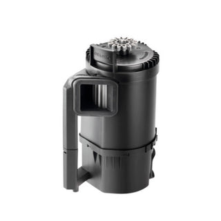 Black cylindrical Miele Fine Dust Cartridge for Blizzard CX1, featuring a handle and a rectangular opening, displayed against a plain white background—an official accessory from 2-Miele.