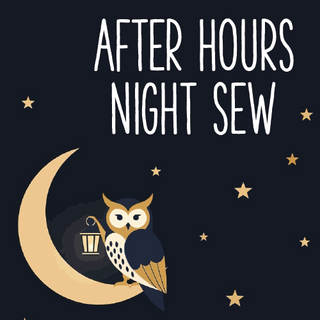 Join Layton In-Store Class’s After Hours Night Sew, held 2nd and 4th Thursdays, 6–9 pm—featuring an owl with a lantern on a crescent moon under a starry sky. Ideal for cozy sewing nights or beginner workshops!.