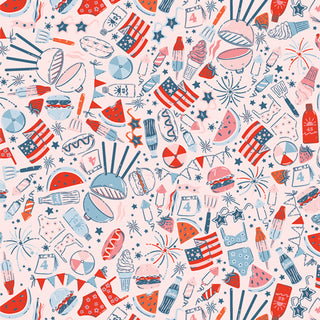 Celebrate summer with 69-Art Gallery Fabrics’ AGF Studio Bloomin' Americana BAM-47100 FOURTH OF JULY quilting cotton, featuring red, white, and blue American flags, burgers, ice cream, fireworks, and watermelon for festive holiday projects.