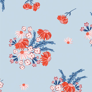 AGF Studio Bloomin' Americana BAM-47102 HOME SWEET BLOOM Fabric Yardage by 69-Art Gallery Fabrics features red, white, and blue vintage florals with green foliage on light blue—ideal for summer sewing or quilting projects.