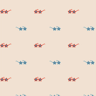 AGF Studio Bloomin' Americana BAM-47103 AMERICAN POP by 69-Art Gallery Fabrics features red and blue star sunglasses in a repeating pattern on light beige—ideal for summer fabric or quilting, with motifs evenly spaced in rows.
