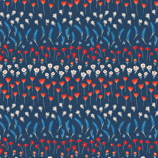 AGF Studio Bloomin' Americana BAM-47104 LIBERTY GARDEN by 69-Art Gallery Fabrics features red, white, and blue vintage florals in rows on dark blue—ideal quilting cotton or summer fabric.